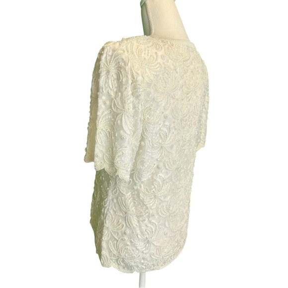 Laurence Kazar Vintage Ivory Pearl Beaded Scalloped Trim Short Sleeve Blouse MP - Picture 6 of 16